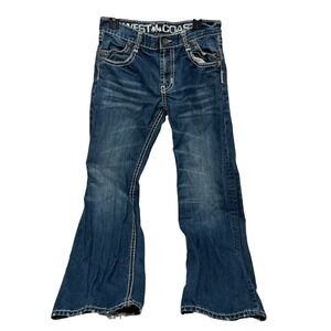 West Coast Distressed Flared Jeans Womens Size 32 Denim Whiskering Stitching